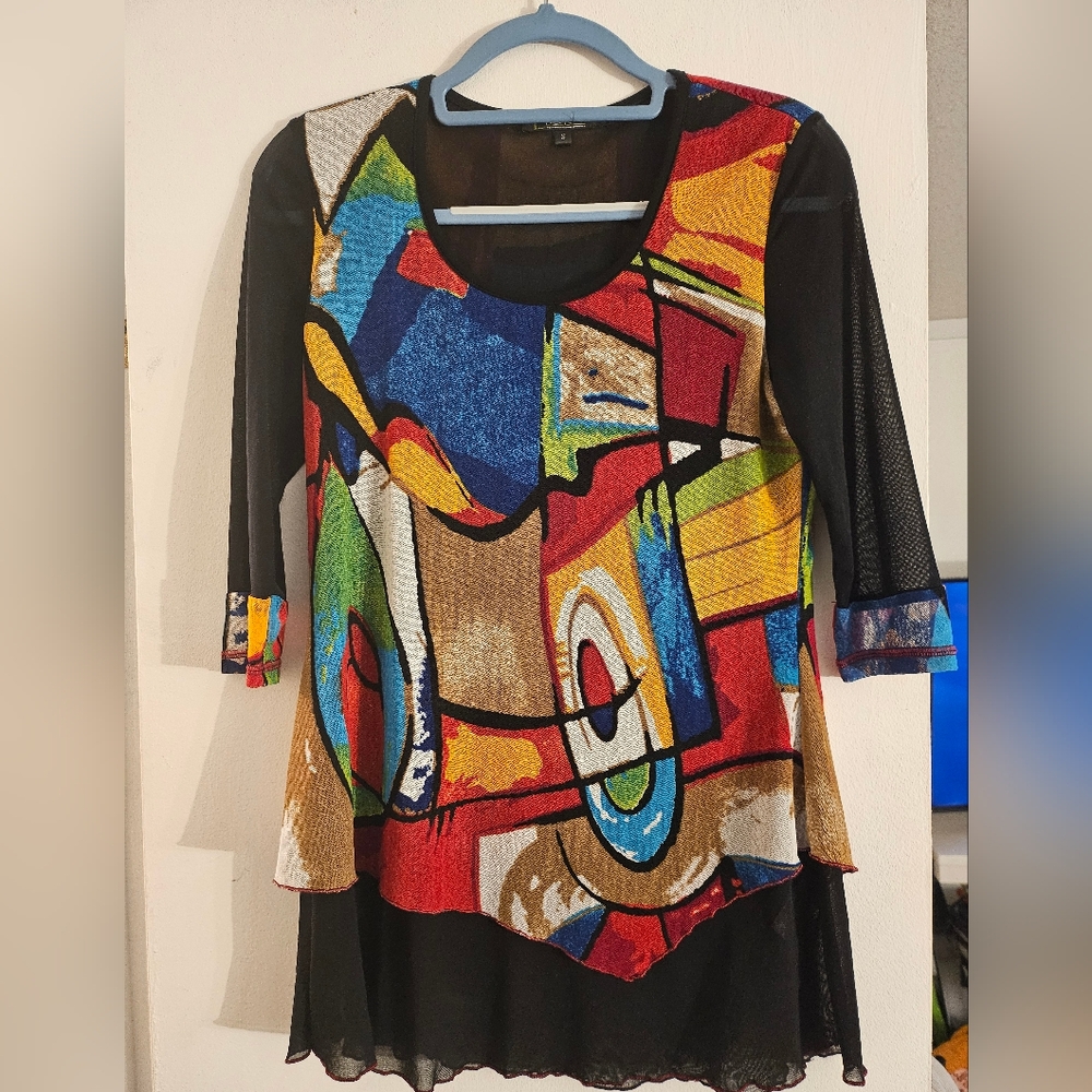 Lior Paris Tunic Top Size‎ S Colorful Mesh Lined Boho Art to Wear Asymmetric